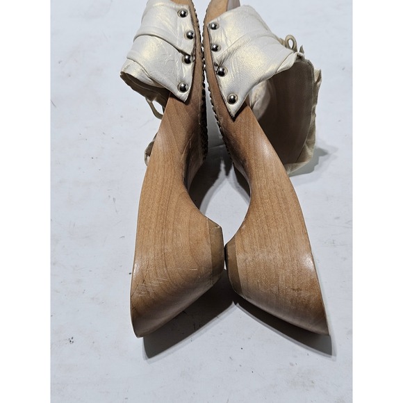 Salpy Womens Wooden Clogs Mules White Leather Accent Platform Wedge Heels Size 6 - Picture 8 of 9